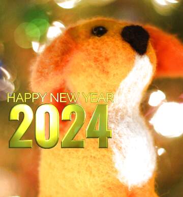 FX №148442 Happy new year 2024  yellow puppy dog. Fancy greetings background. Copyspace congratulations.