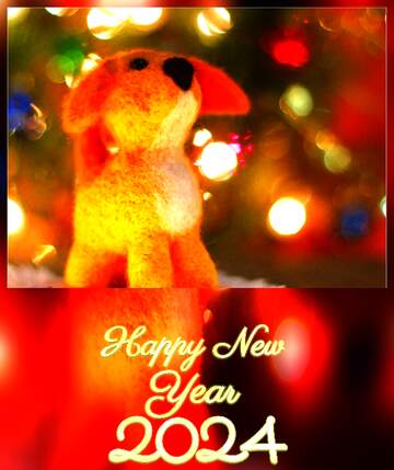 FX №148447 Happy new year 2024  puppy mongrel dog. Fancy greetings background. Copyspace congratulations.