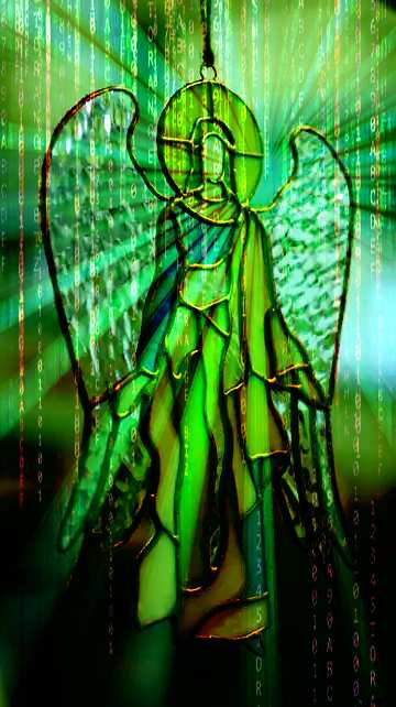 FX №172159 Stained glass. Angel of colored glass Digital Abstract technology background with binary code and...