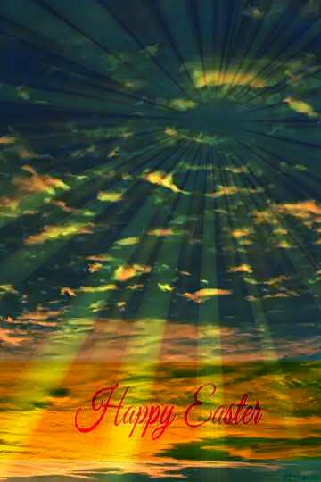 FX №176287 Sunset with  Inscription Happy Easter on Background with Rays of sunlight