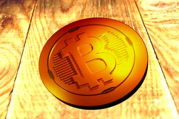 FX №182019 Bitcoin gold light coin The texture of the background wood rough desk boards