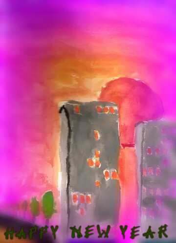 FX №202265 Children`s drawing of city sunset happy new year  blur frame