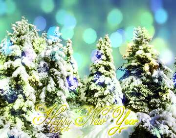 FX №210932 Snow Tree Inscription text Happy New Year gold blue bright bokeh lights