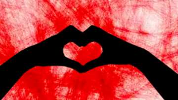 FX №210307 Background red paint hands and heart silhouette