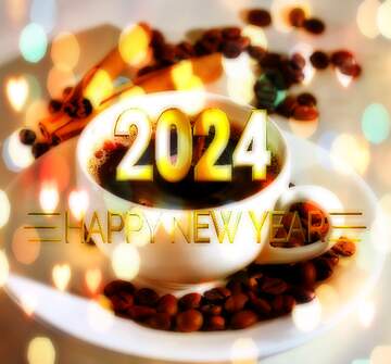 FX №212837 Cup of coffee Shiny happy new year 2024 background gold bokeh hearts
