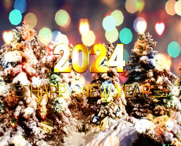 FX №212735 Pine Tree Forest Snow  sun  Shiny happy new year 2024 background