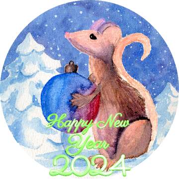 FX №213842 Chinese new year of the rat 2024 Hand drawing painted watercolor gift in hands. circle frame happy...
