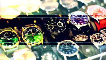 FX №215637 A group of different coloured watches on display illustration template frame