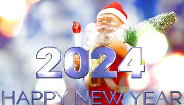 FX №216225 Santa Claus toy brings Christmas tree at blue snowy night bokeh background and blurred lights...