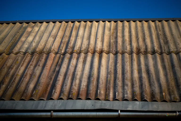 Відреставрована люксова версія Sheets of slate roof Weathered corrugated metal roof, simple gutter, clear sky №490