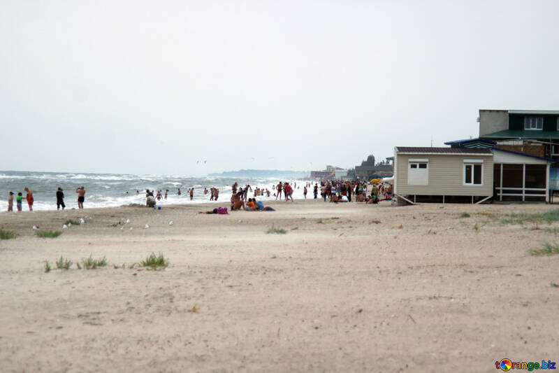 Persone sulla spiaggia in tempesta №13445