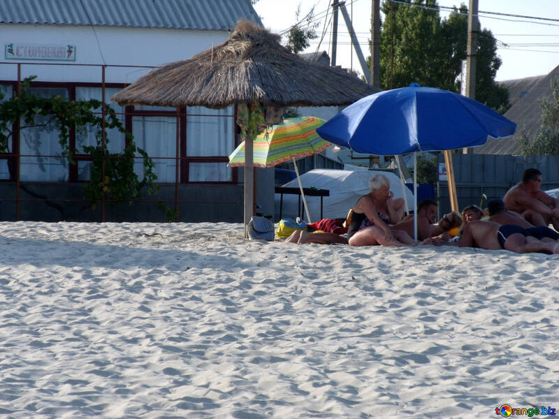 People hide under umbrellas on the beach №13483