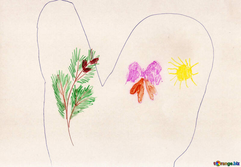 Galho de árvore de Natal com o coração. Desenho de crianças. №18656