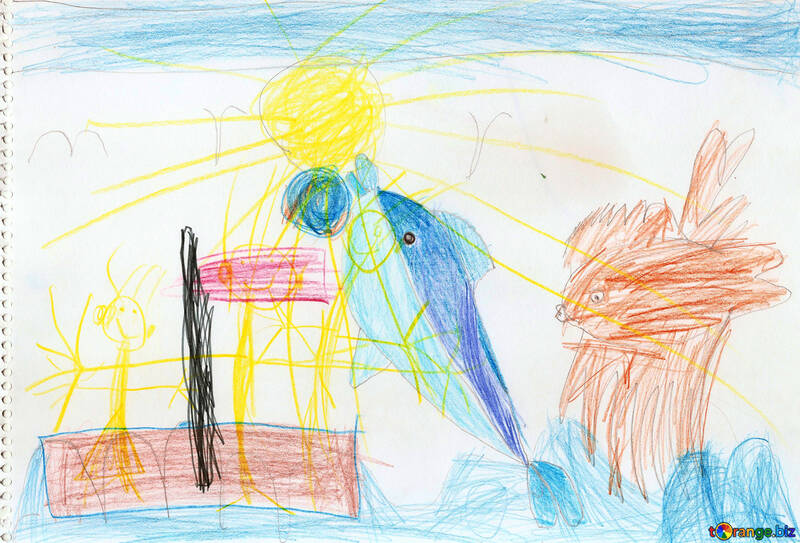 Golfinhos e peixes voadores.Desenho de crianças. №18705