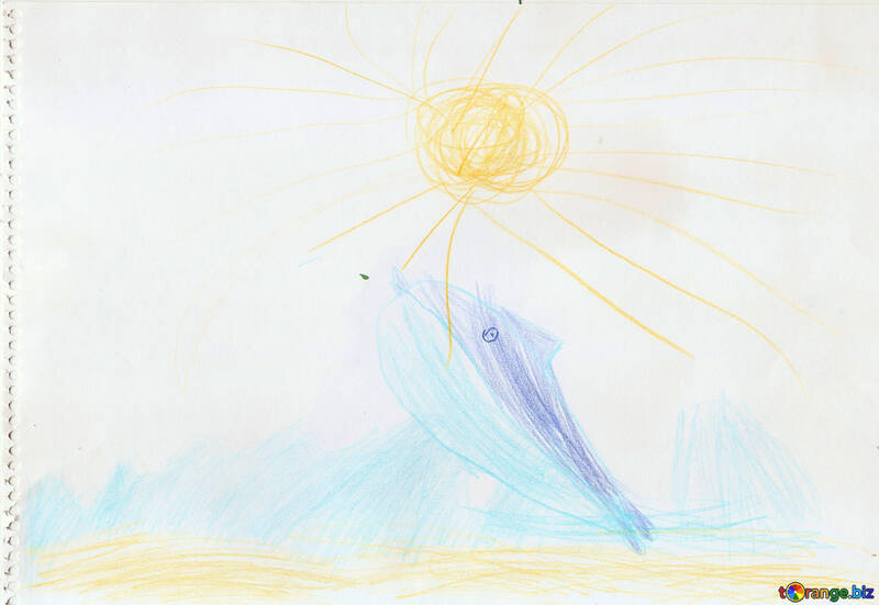 Dolphin jumping out of the water.  Children drawing. №18709