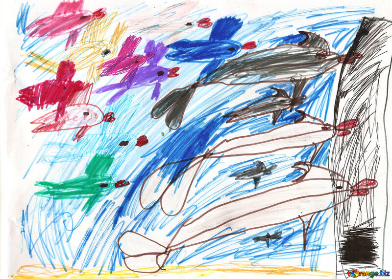 Fish and dolphins. Children drawing. №18700