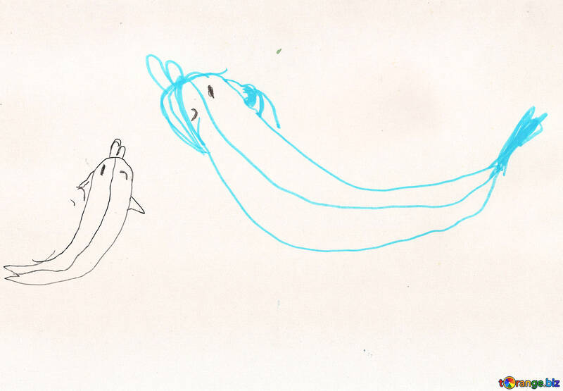 Dolphin with dolphin.  Children drawing. №18720