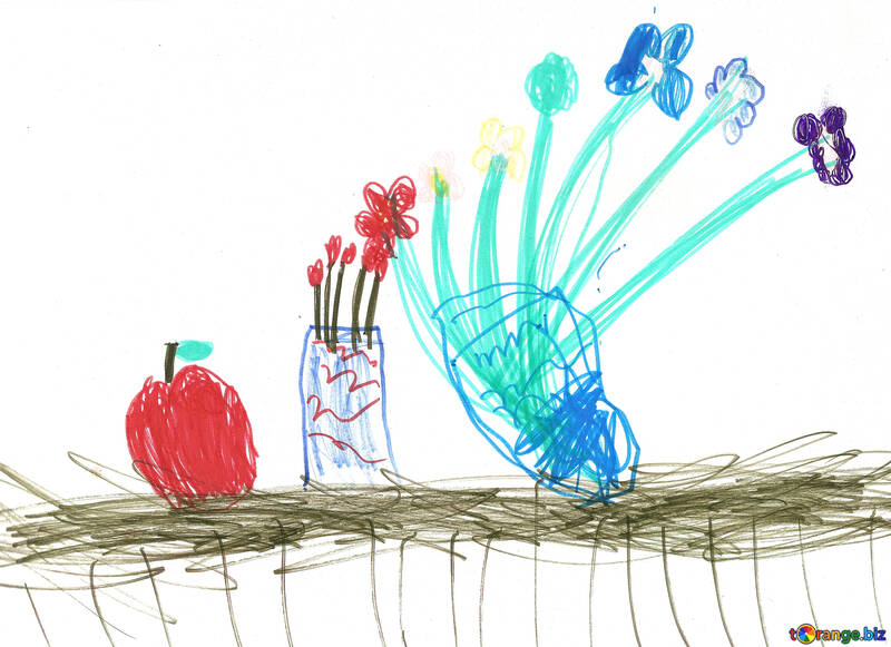 Натюрморт ваза з квітами. Дитячий малюнок. №18647