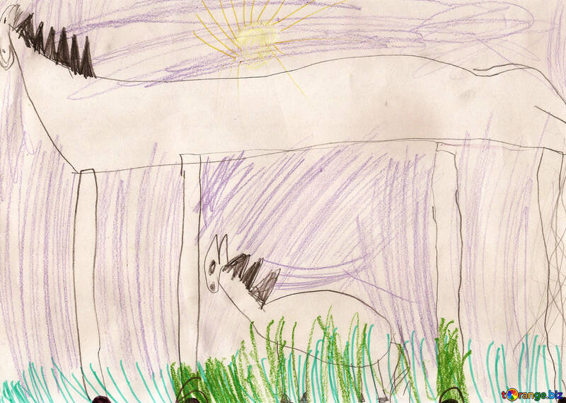 Caballo con potro. Dibujo de los niños. №18643