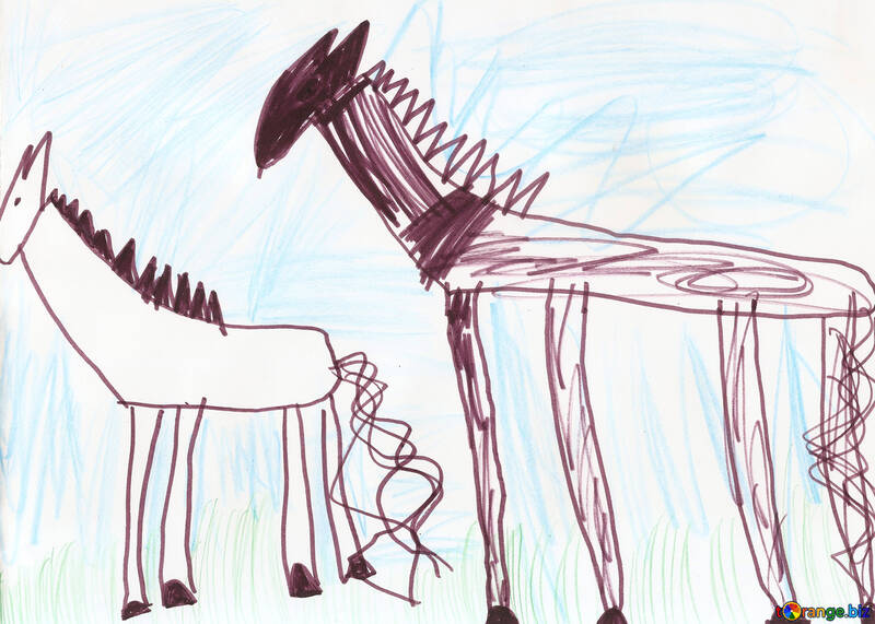 Pferd und Fohlen.Kinder zeichnen. №18655