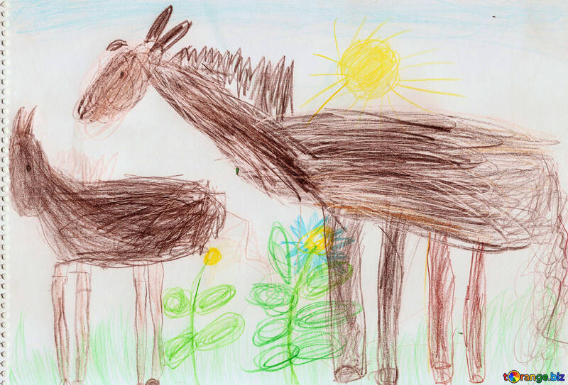 Horses in meadow.  Children drawing. №18708