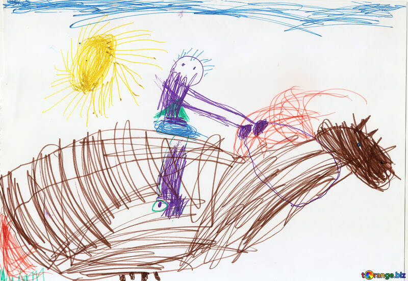 Rider on horse.  Children drawing. №18665