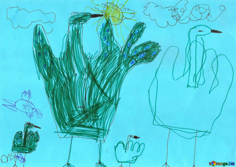 Peacock and baby peacock.  Children drawing. №18717