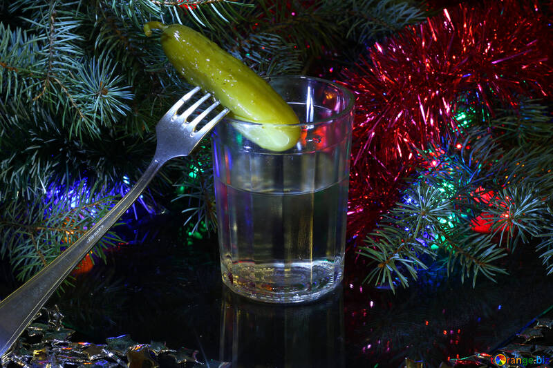 Russian vodka and pickle on fork №2758