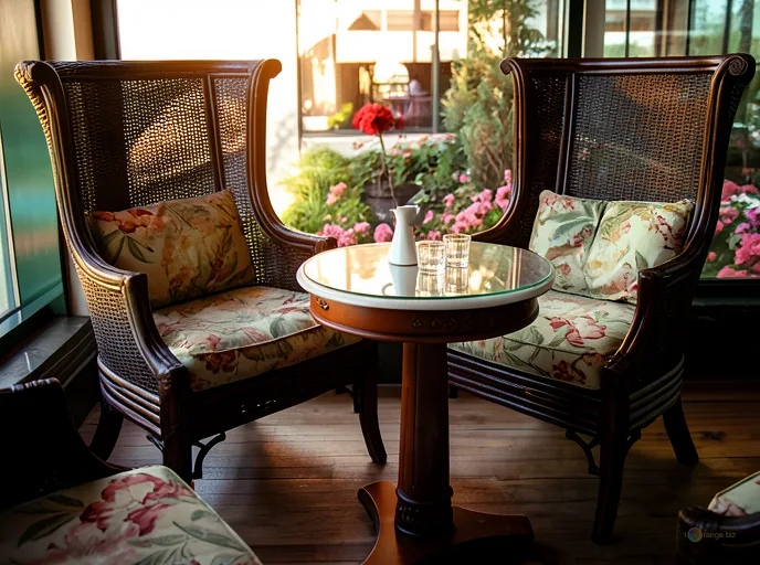 Відреставрована люксова версія Coffee table Wicker armchairs, coffee table, floral cushions, garden №21083