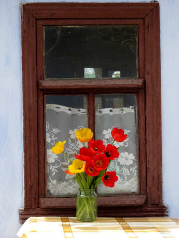 田舎の古い窓を背景にテーブルの上のチューリップの花束 №24138