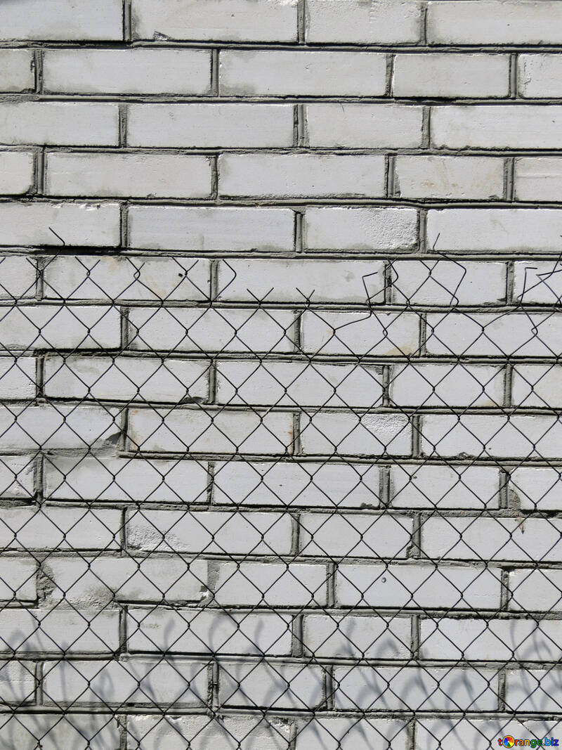 Texture of white brick wall behind the fence of the grid №26918