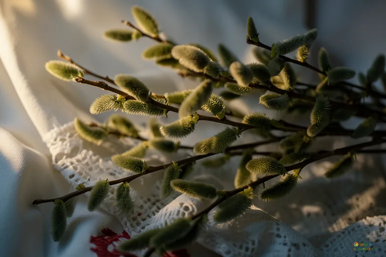 Відреставрована люксова версія Pussy-willow Pussy willow bud, lace cloth, early spring №29558