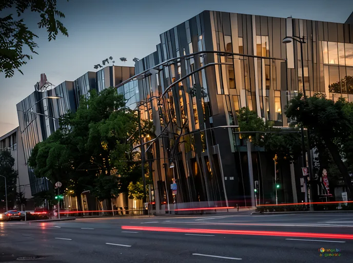 Відреставрована люксова версія High tech architecture style Modern building with geometric angular facade and trees in front №31878