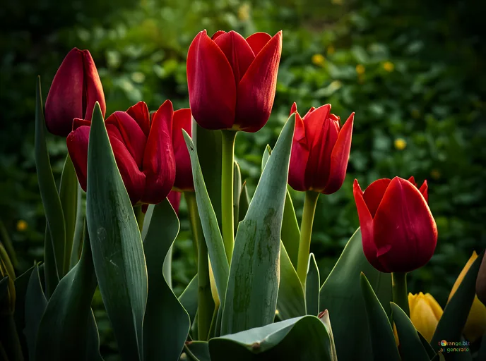 Відреставрована люксова версія The flowers bloom in may Red tulips and green leaves in spring garden №31336