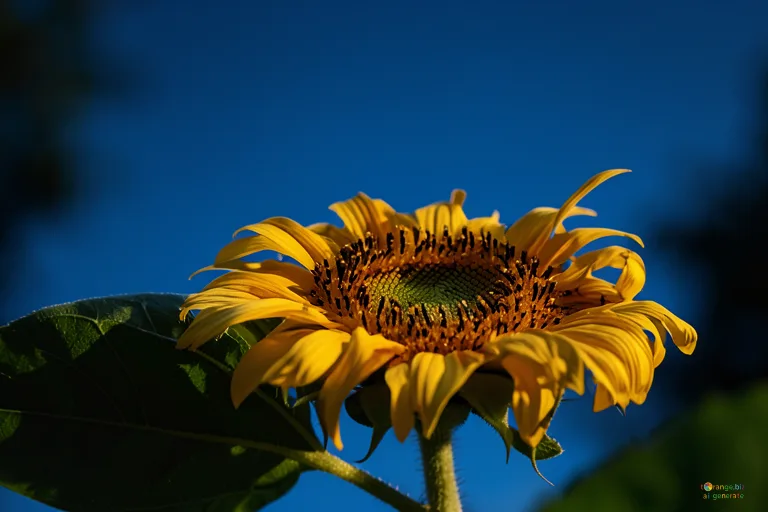 Відреставрована люксова версія Background for congratulations with sunflower Golden sunflower with green leaf and shadows on a deep blue background №32682