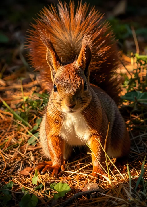 Відреставрована люксова версія Ears Squirrel  Red squirrel with alert ears on pine needles №35731