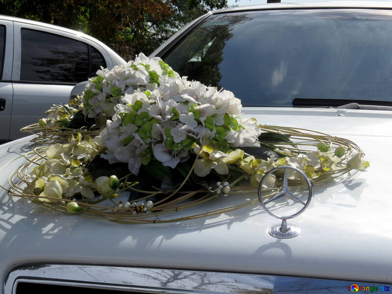 Flowers on the hood of wedding car №35771