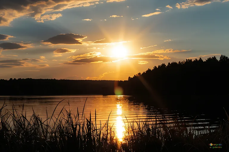 Відреставрована люксова версія Beautiful sunset Sunset reflection on water with silhouettes and trees №36493