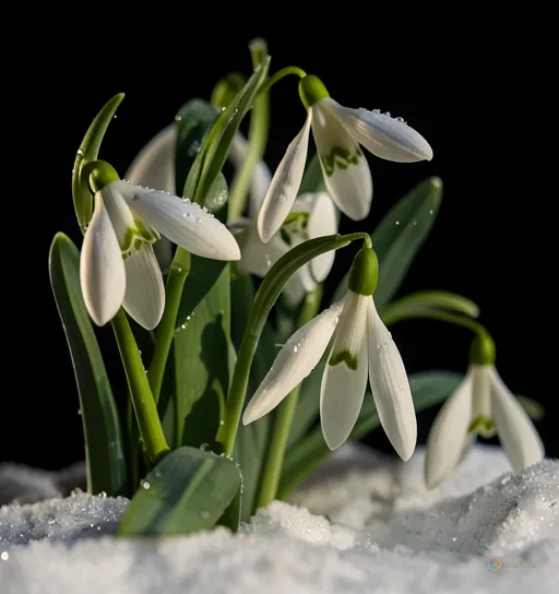 Відреставрована люксова версія White flowers White snowdrop flowers on black background №38291