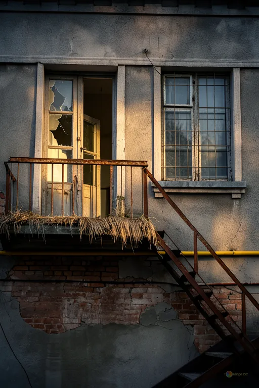 Відреставрована люксова версія Staircase to the second floor of the old street A worn staircase descending from an old building`s facade. №39062
