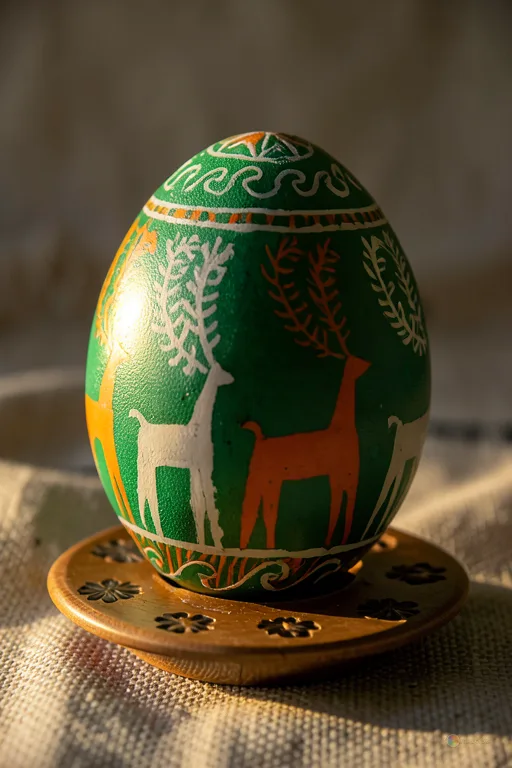 Відреставрована люксова версія Easter egg. Symbol deer. Sunrise. Easter egg with deer symbol, sunrise №4363