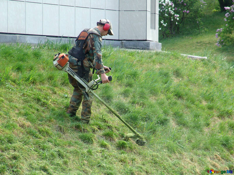 Чоловік стриже газон триммером №4123