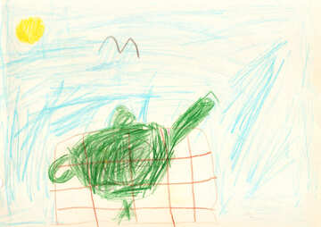 Children`s drawing teapot on the table near the sea №42742