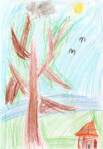 Children`s drawing a tree near the house