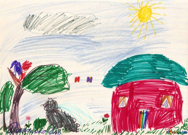 Child`s drawing house in the village №42738