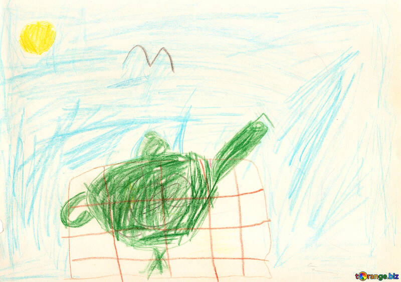 Дитячий малюнок чайник на столі біля моря №42742