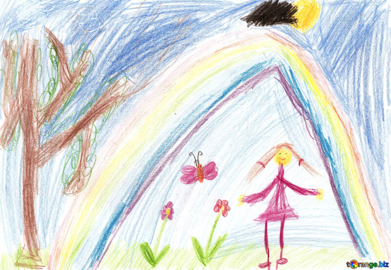 Children`s drawing the flowers under a rainbow №42727