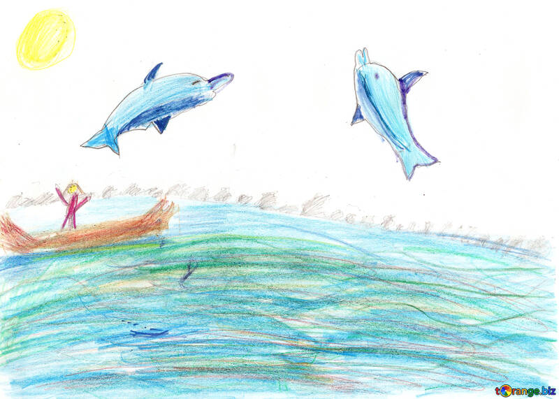 Children`s drawing dolphins jumping №42746