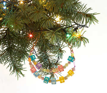 Garland of beads on the tree with Happy New Year and Merry Christmas isolated on white background №47998