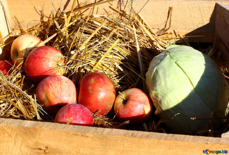 Pommes naturelles dans une boîte en bois sur le foin №47361